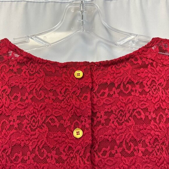 DB Established 1962 Womens Blouse Red Floral Lace Long Sleeve Lettuce Edge L - Picture 6 of 11